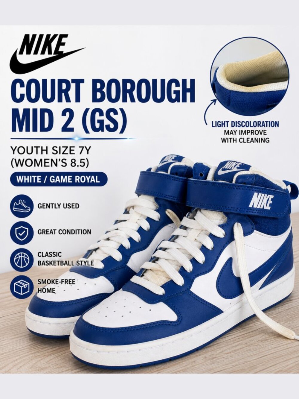 Nike Court Borough Mid 2 GS‎ White Game Royal Blue Sneakers Youth 7Y EU40